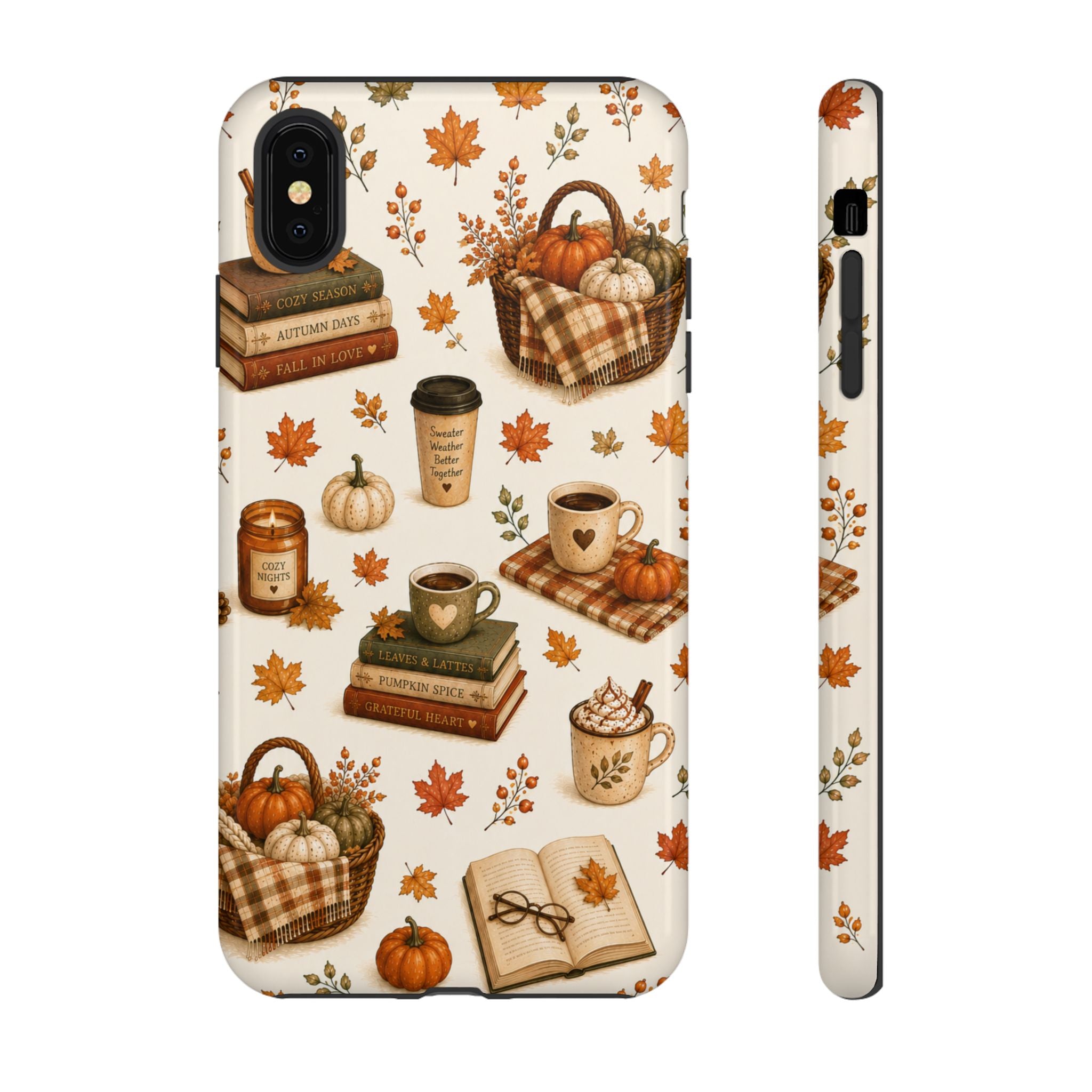 Autumn Cozy Phone Case — Fall Pumpkins, Coffee & Books Pattern