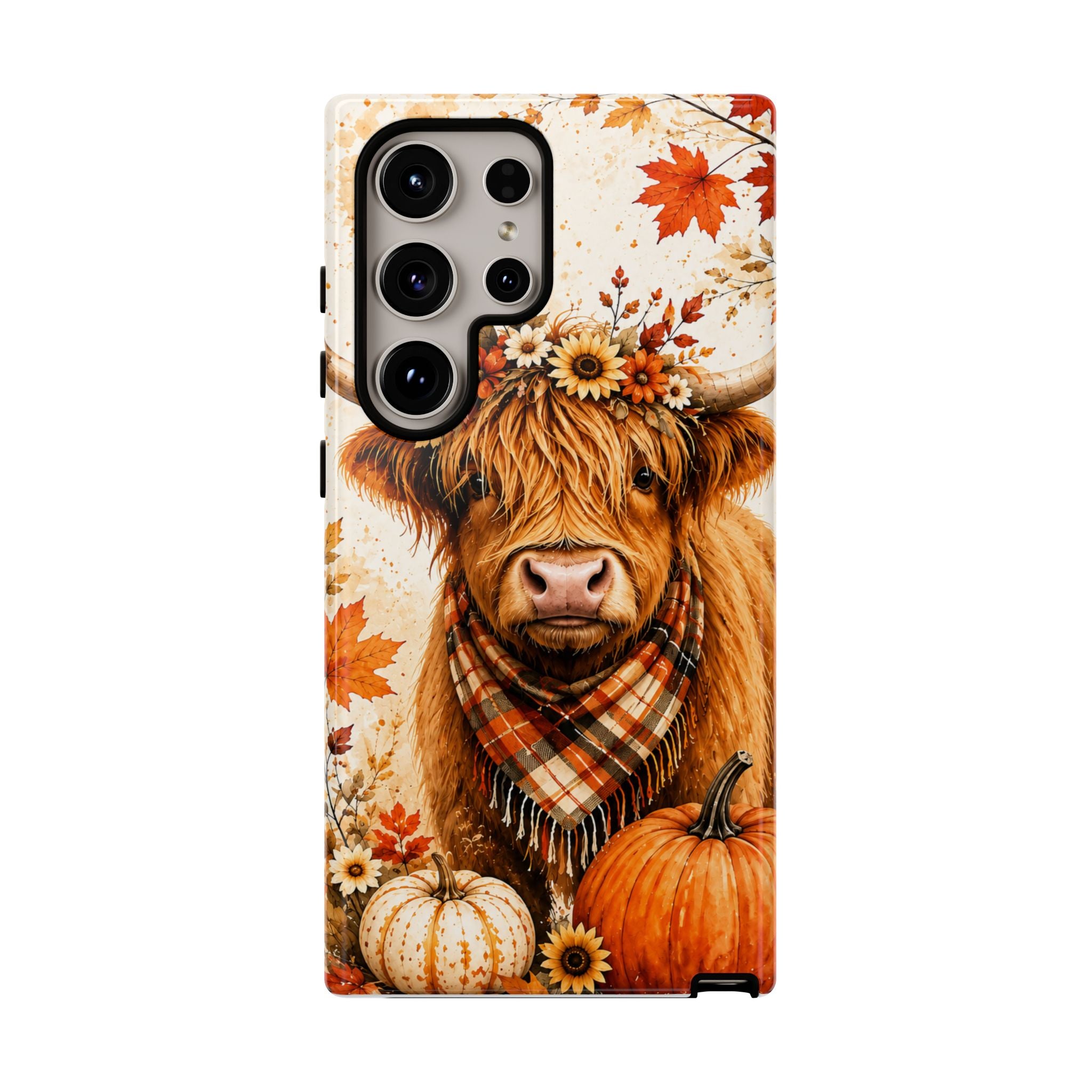 Autumn Highland Cow Phone Case — Fall Pumpkin & Sunflower Tough Case