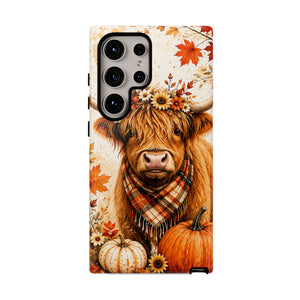 Autumn Highland Cow Phone Case — Fall Pumpkin & Sunflower Tough Case