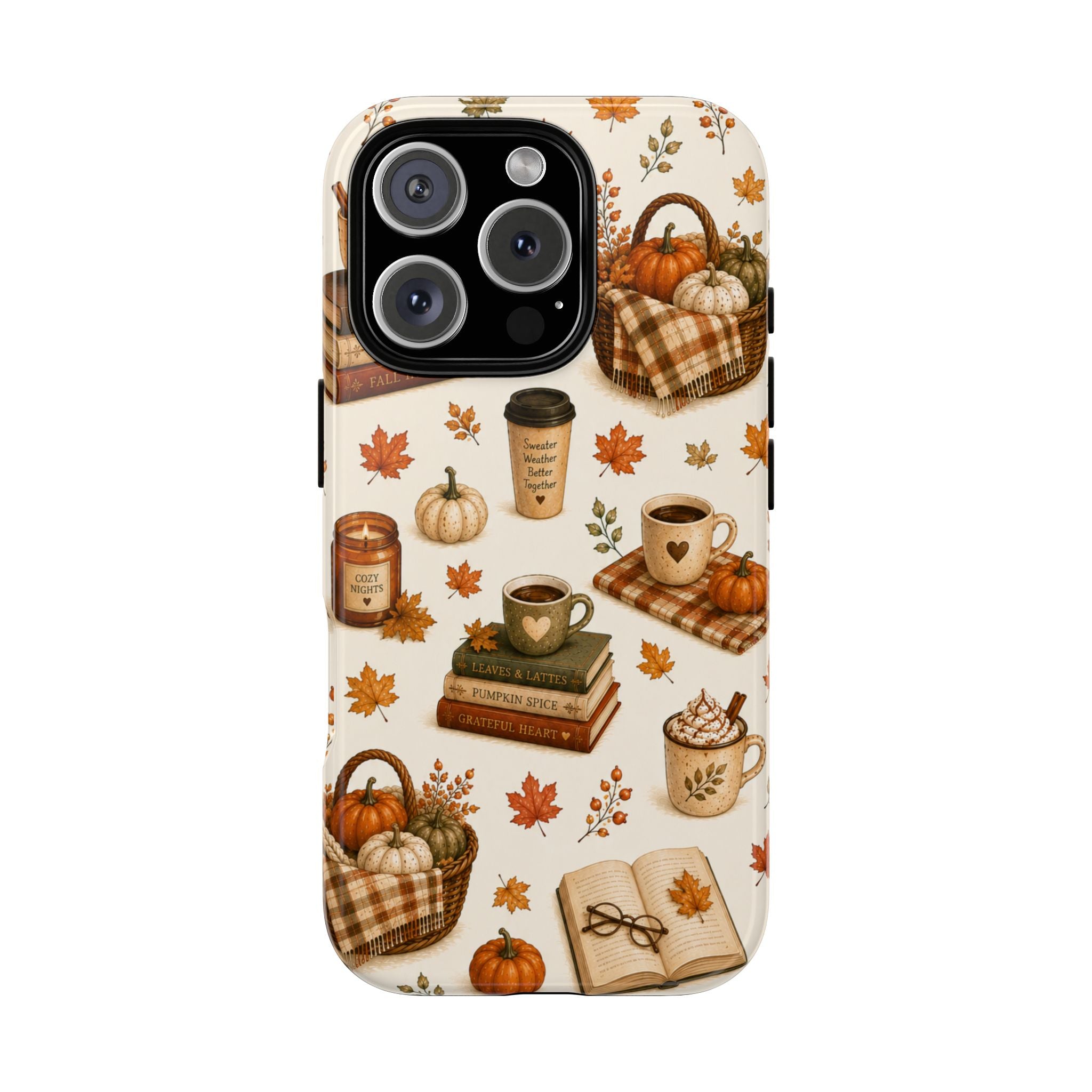 Autumn Cozy Phone Case — Fall Pumpkins, Coffee & Books Pattern
