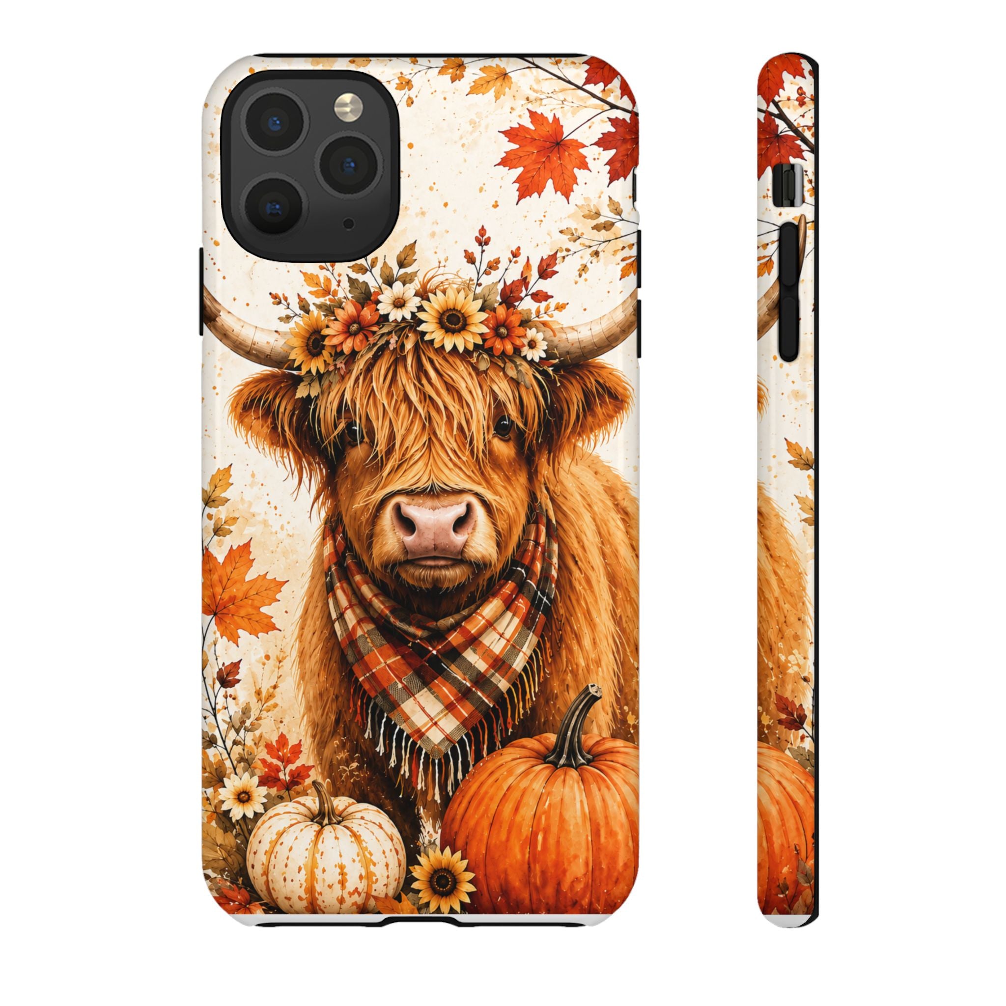 Autumn Highland Cow Phone Case — Fall Pumpkin & Sunflower Tough Case