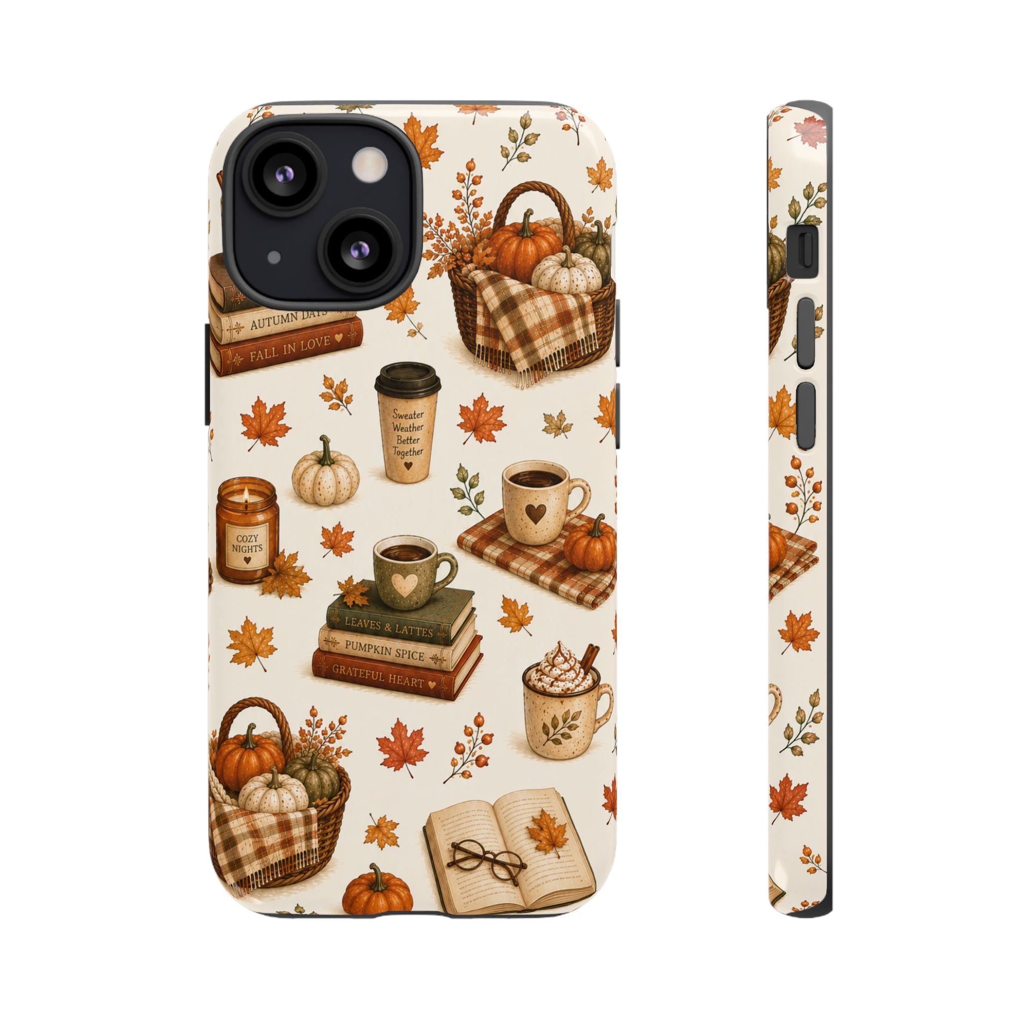 Autumn Cozy Phone Case — Fall Pumpkins, Coffee & Books Pattern