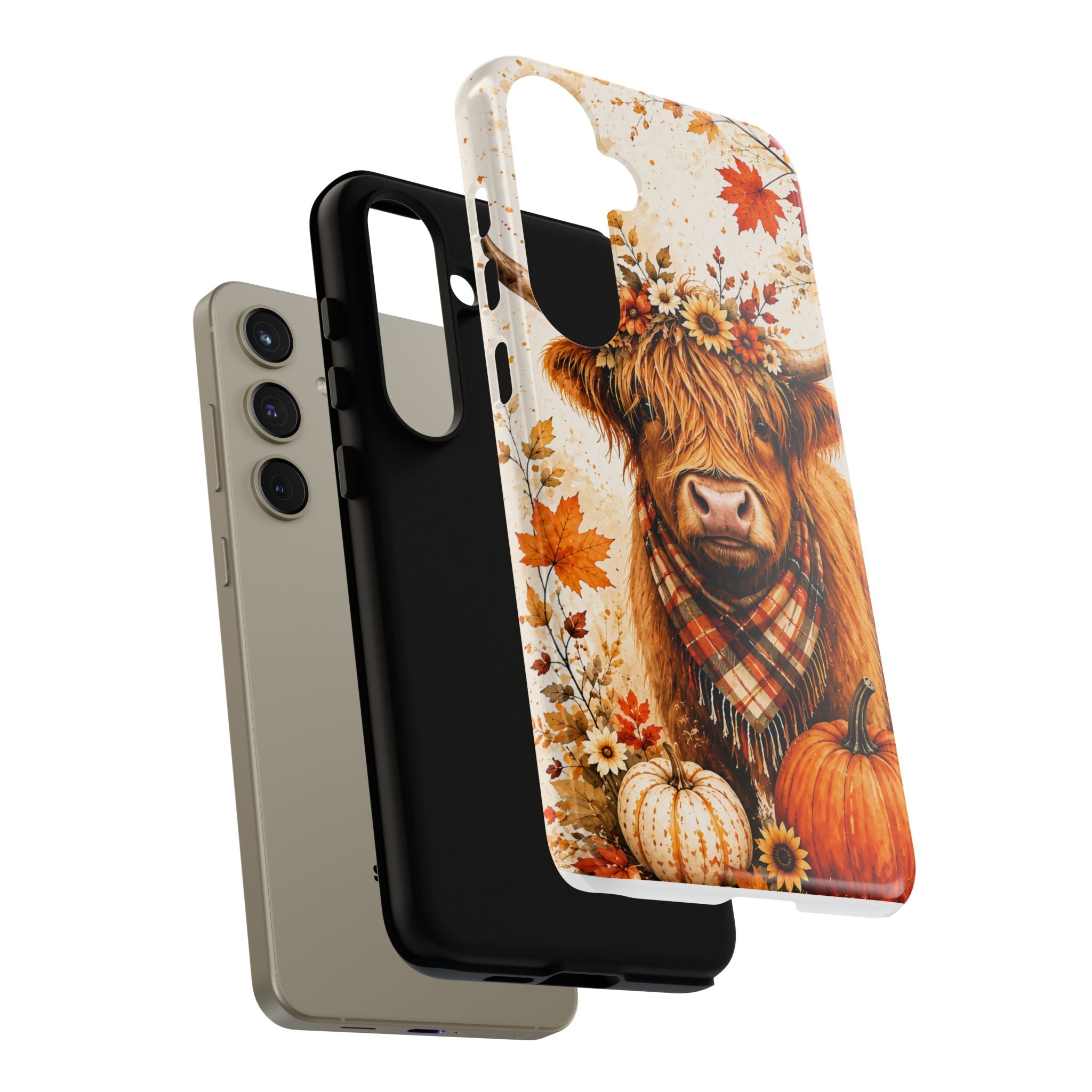 Autumn Highland Cow Phone Case — Fall Pumpkin & Sunflower Tough Case