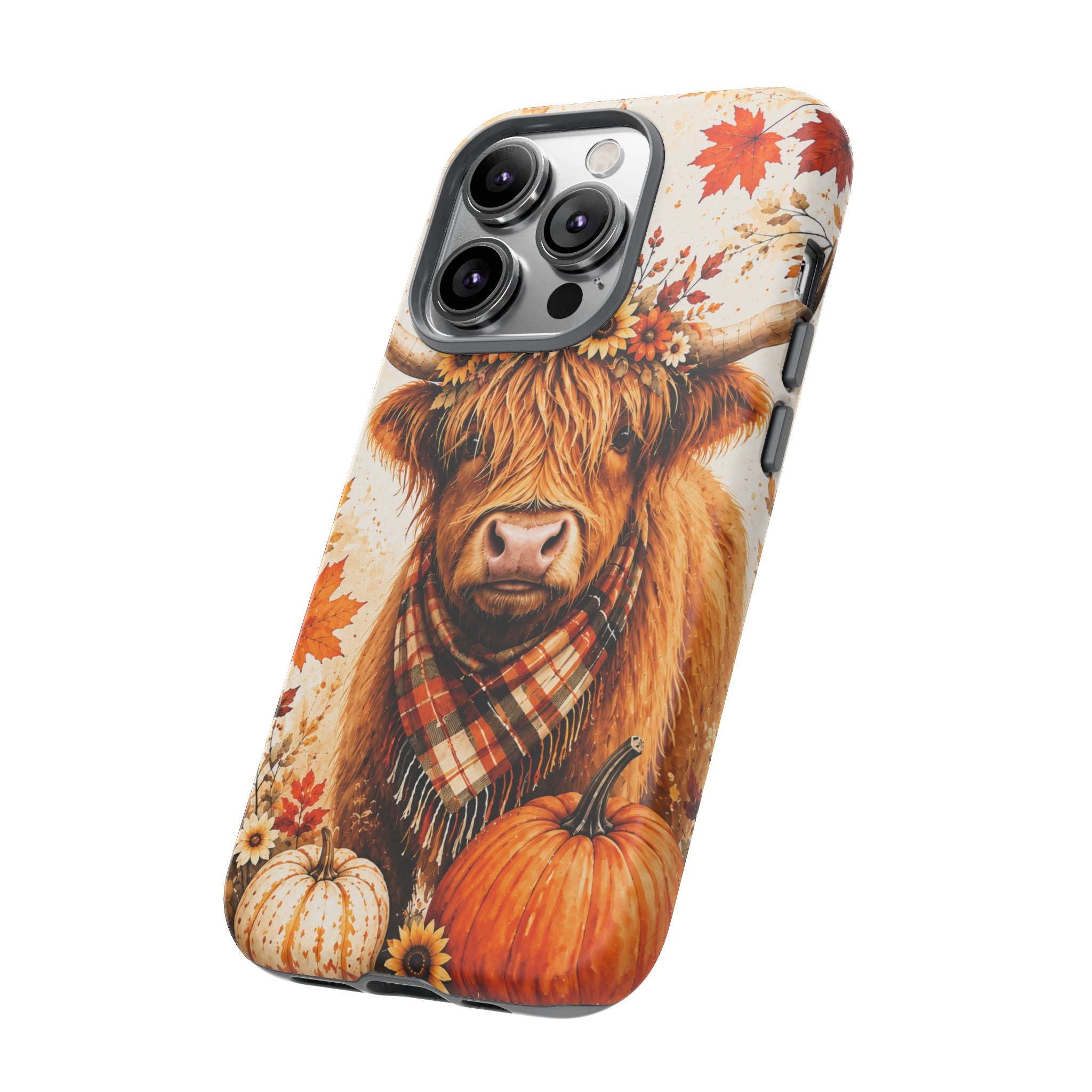 Autumn Highland Cow Phone Case — Fall Pumpkin & Sunflower Tough Case
