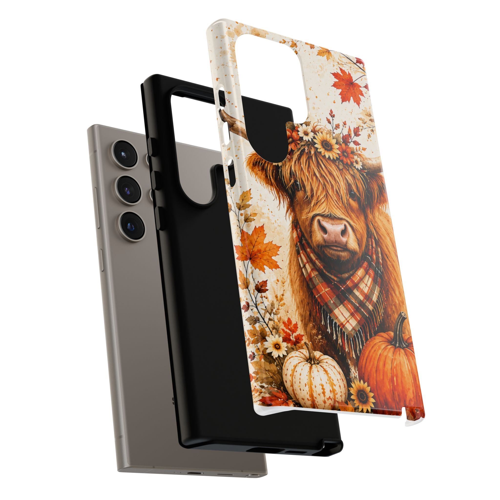 Autumn Highland Cow Phone Case — Fall Pumpkin & Sunflower Tough Case