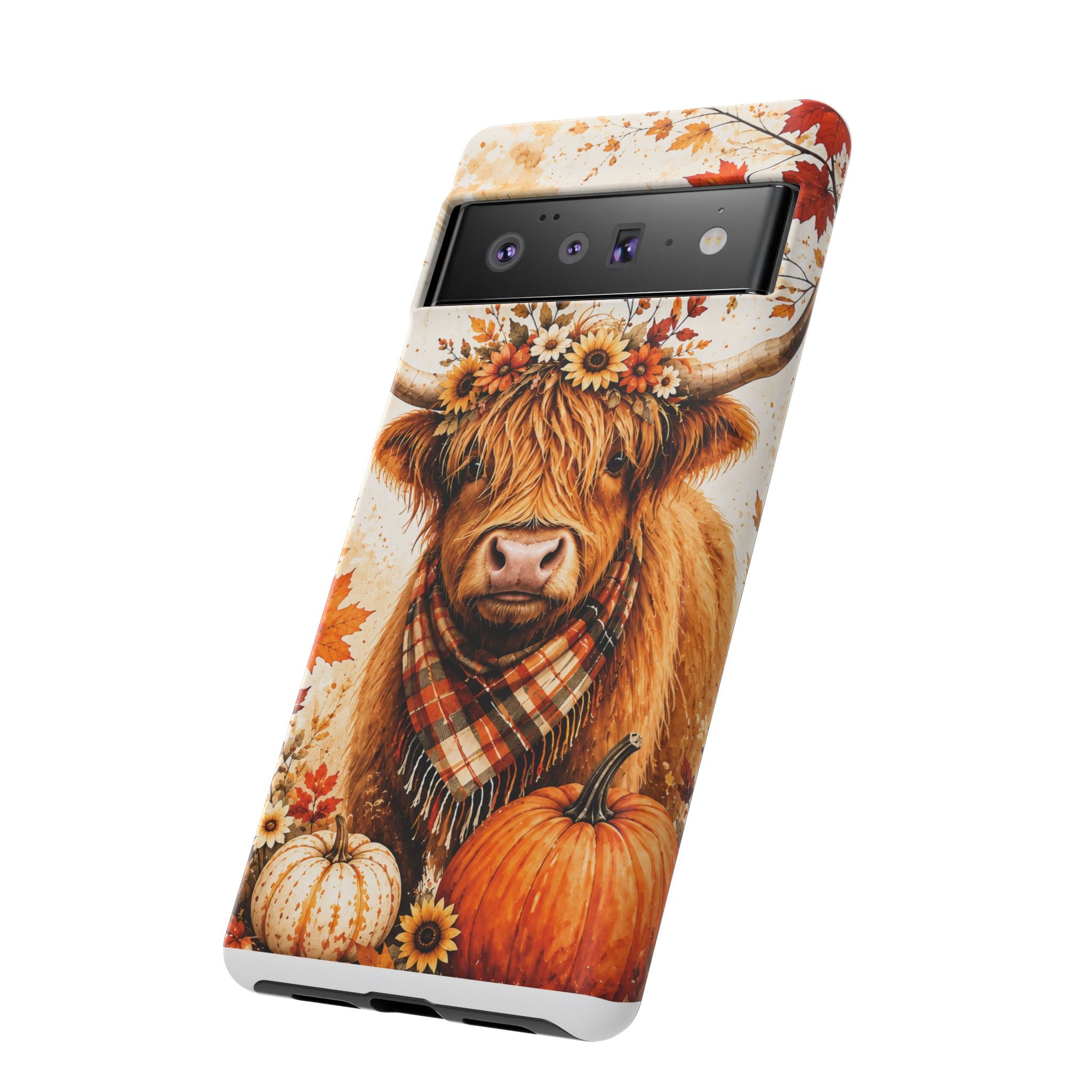 Autumn Highland Cow Phone Case — Fall Pumpkin & Sunflower Tough Case