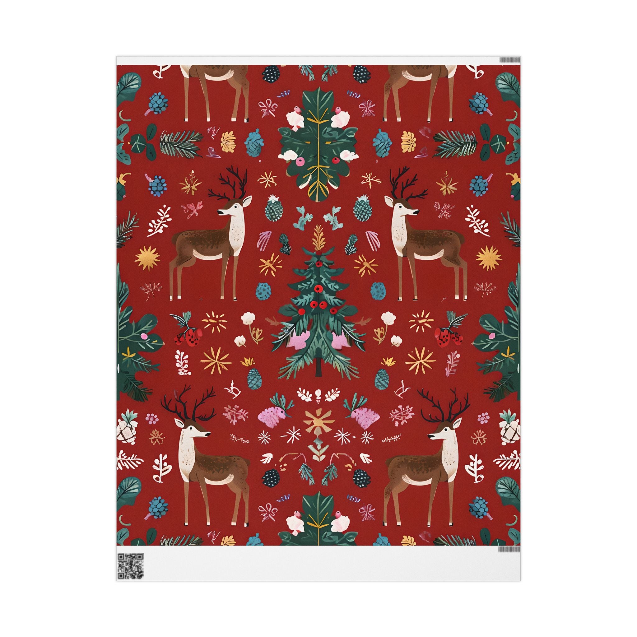 Christmas Reindeer Wrapping Paper Roll — Festive Red Holiday Gift Wrap with Trees & Ornaments