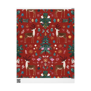 Christmas Reindeer Wrapping Paper Roll — Festive Red Holiday Gift Wrap with Trees & Ornaments