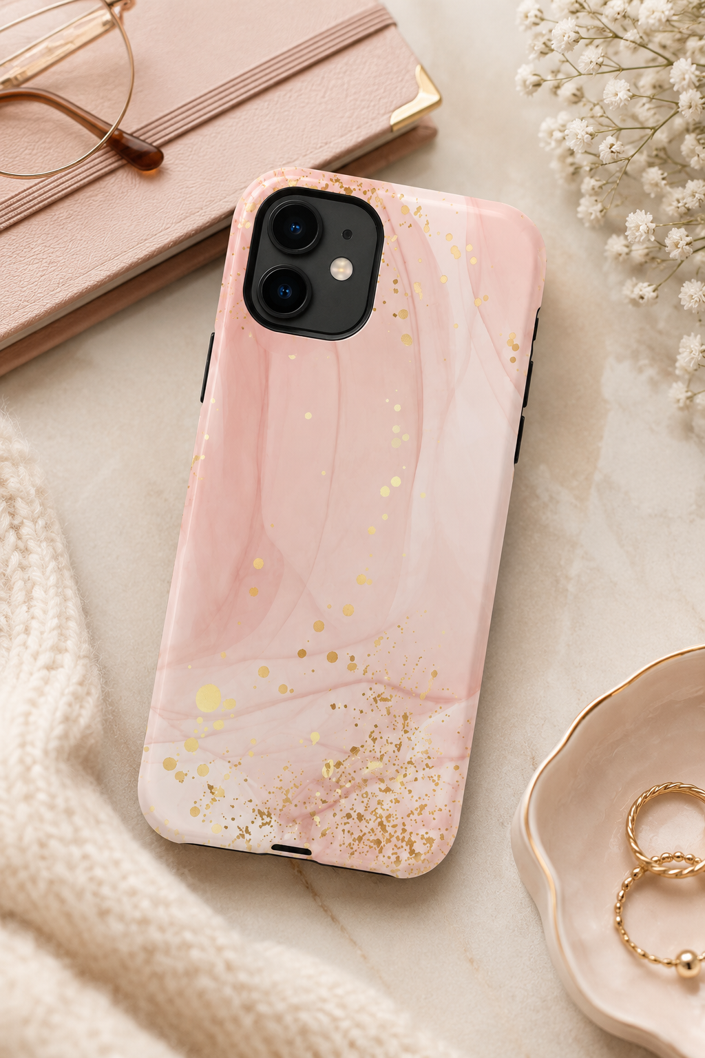 Rose Gold Marble Tough Case – Pink Marble Phone Case with Gold Glitter Accents