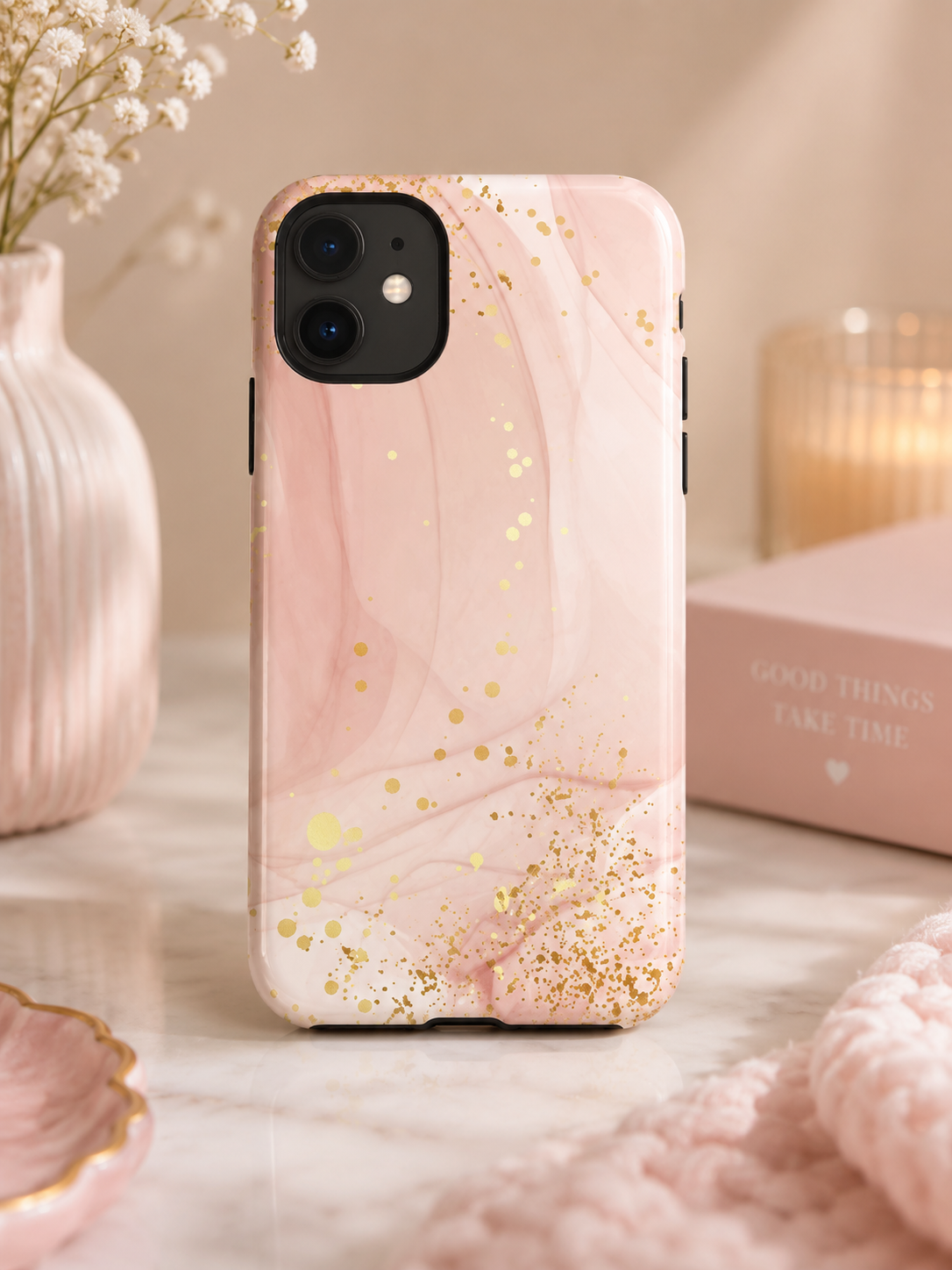 Rose Gold Marble Tough Case – Pink Marble Phone Case with Gold Glitter Accents
