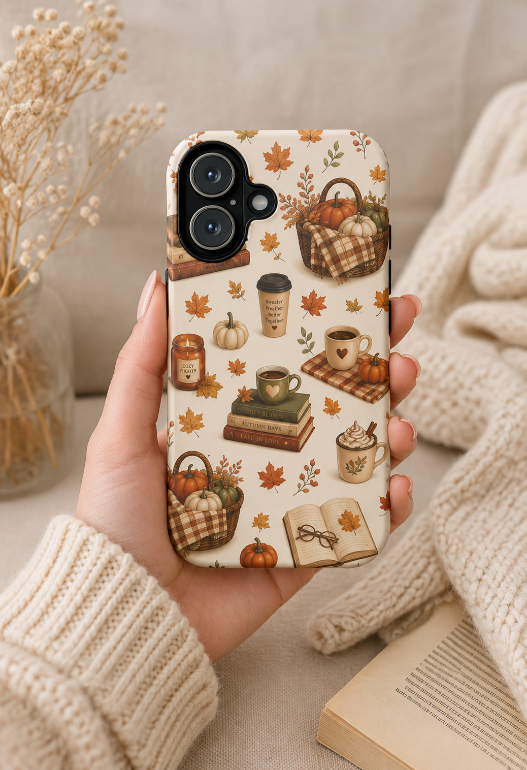 Autumn Cozy Phone Case — Fall Pumpkins, Coffee & Books Pattern