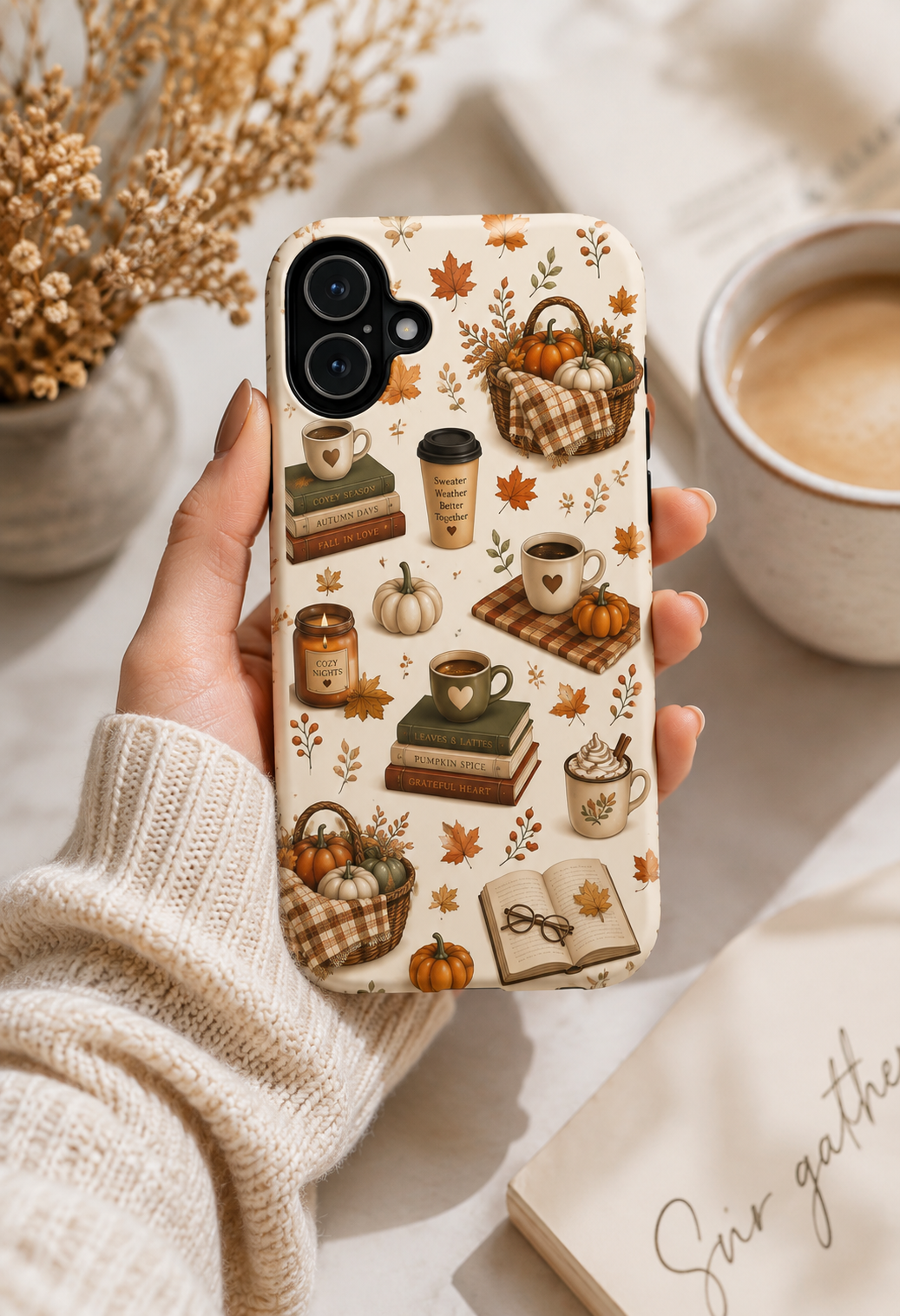 Autumn Cozy Phone Case — Fall Pumpkins, Coffee & Books Pattern