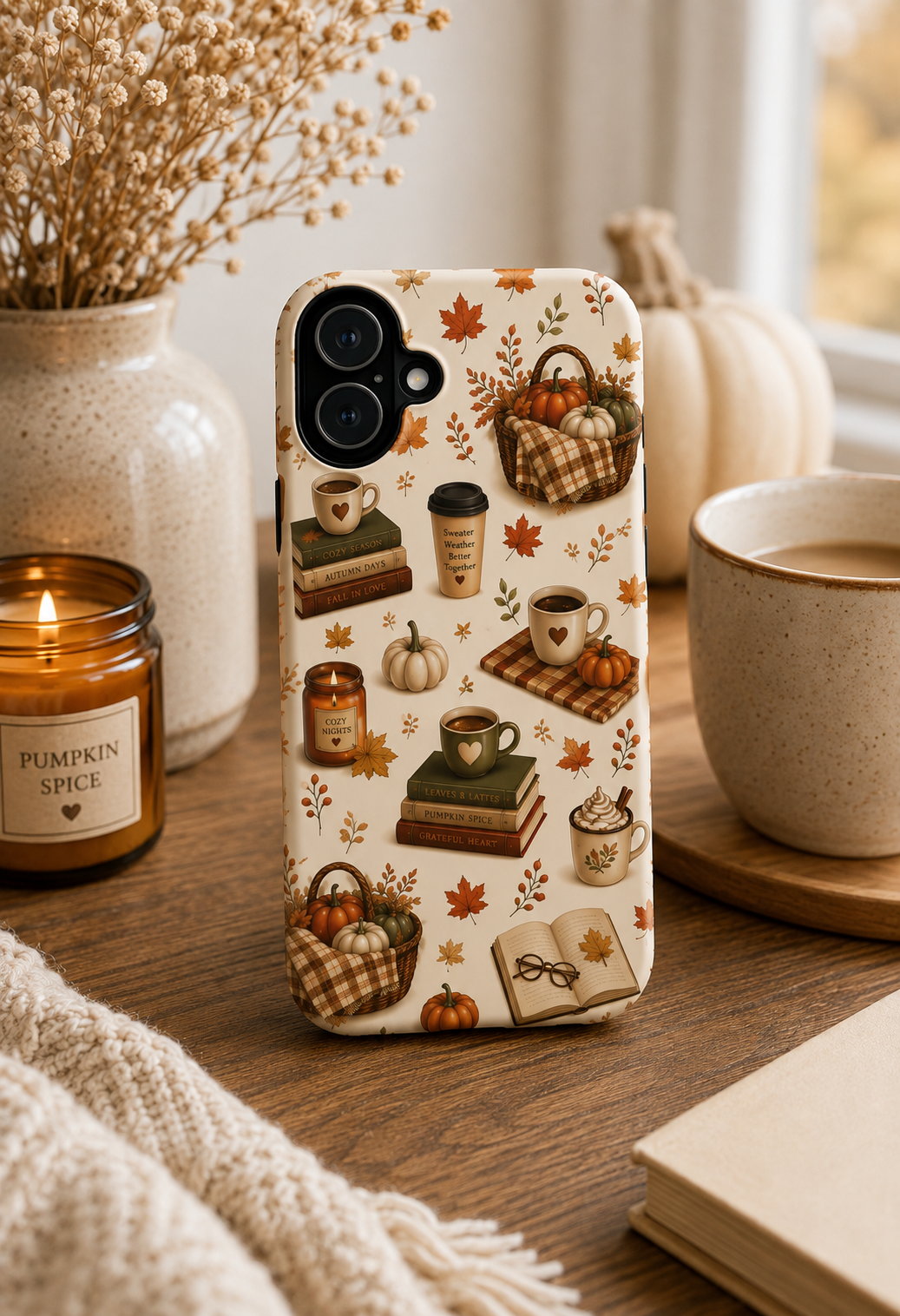 Autumn Cozy Phone Case — Fall Pumpkins, Coffee & Books Pattern