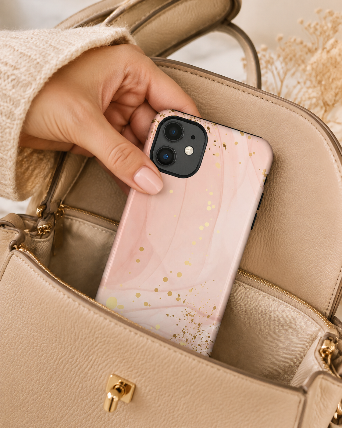 Rose Gold Marble Tough Case – Pink Marble Phone Case with Gold Glitter Accents