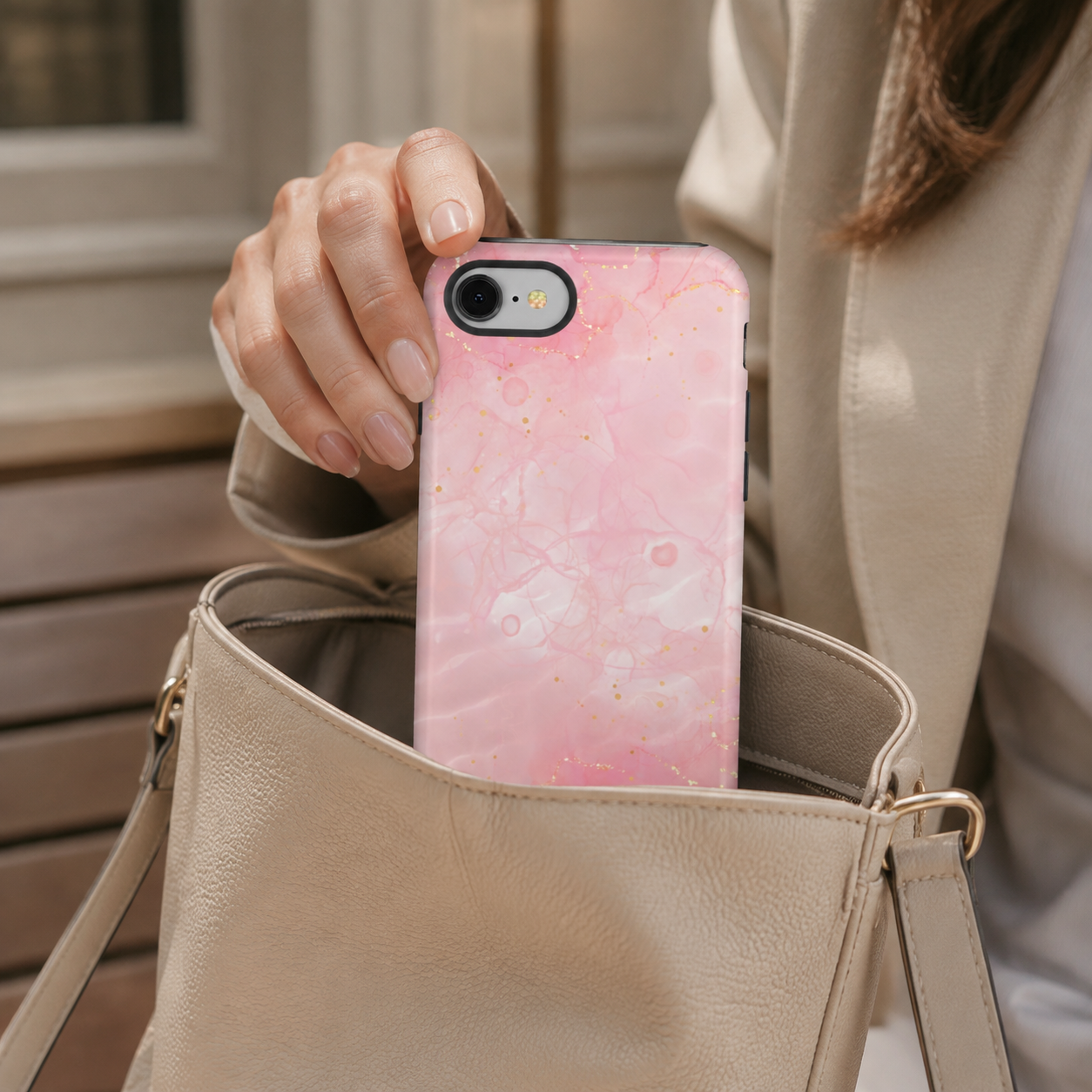 Pink Marble Tough Phone Case — Protective iPhone Cover with Gold Vein Design
