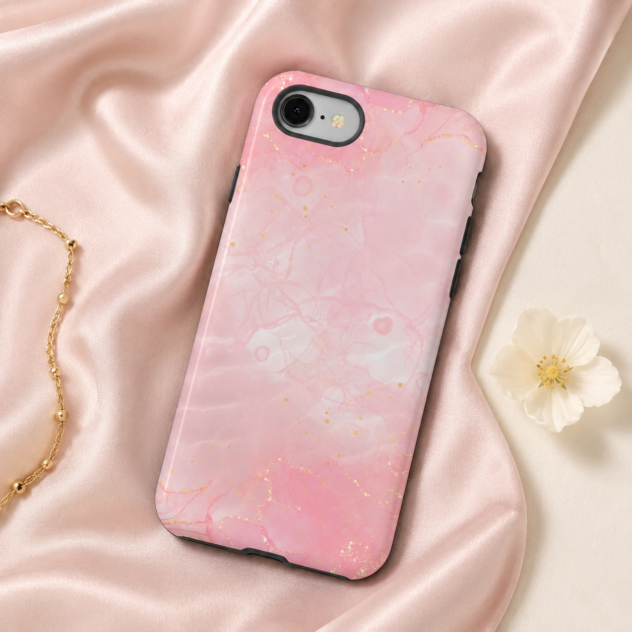 Pink Marble Tough Phone Case — Protective iPhone Cover with Gold Vein Design