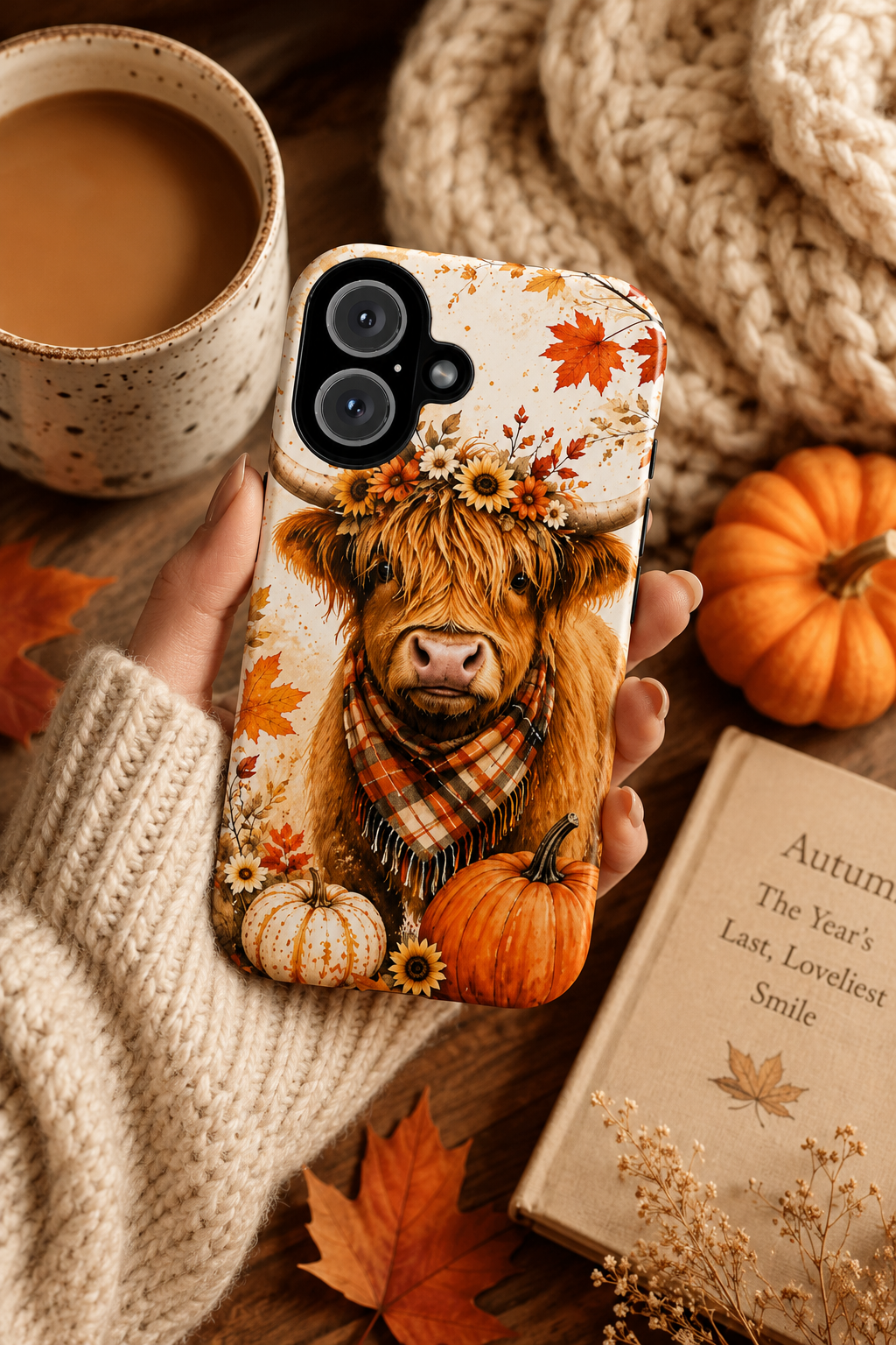 Autumn Highland Cow Phone Case — Fall Pumpkin & Sunflower Tough Case