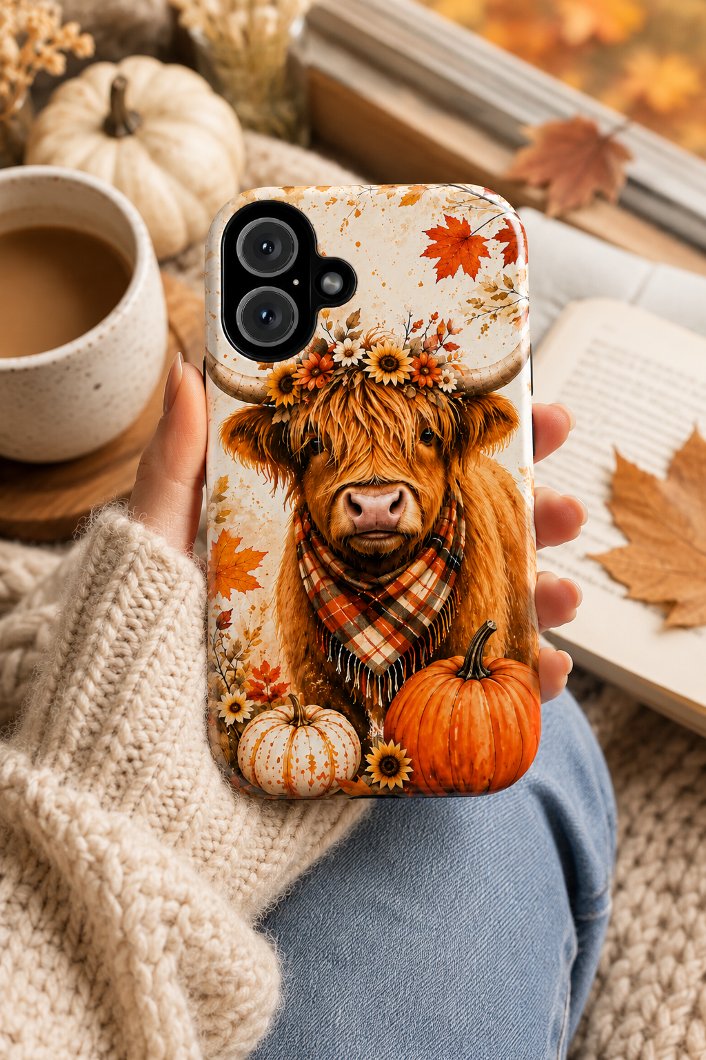 Autumn Highland Cow Phone Case — Fall Pumpkin & Sunflower Tough Case
