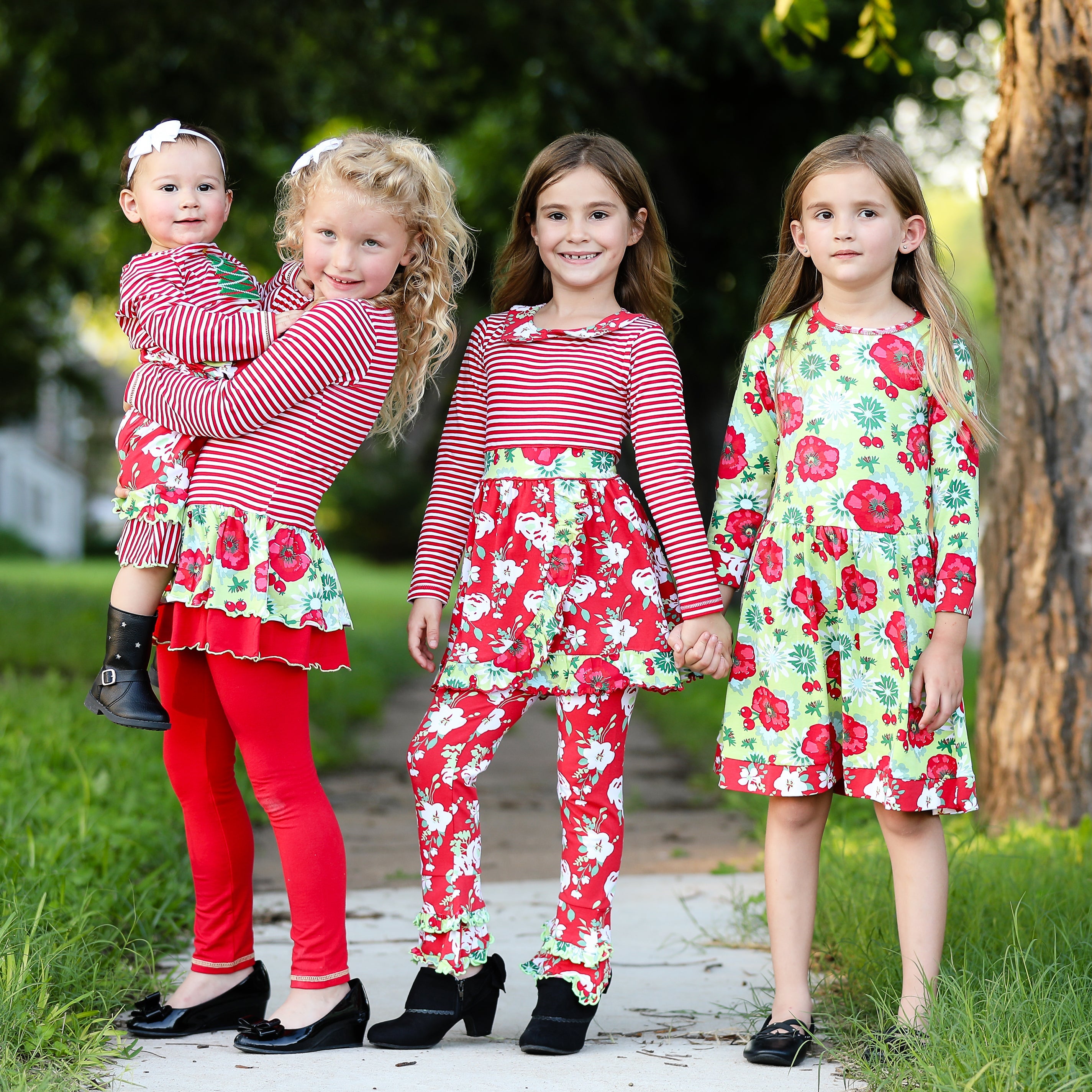 AnnLorenGirls Boutique Red Christmas Floral Holiday Dress Legging Set