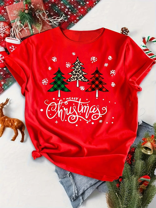 Women's Christmas Tree Print T-shirt Short Sleeve Round Neck Top for