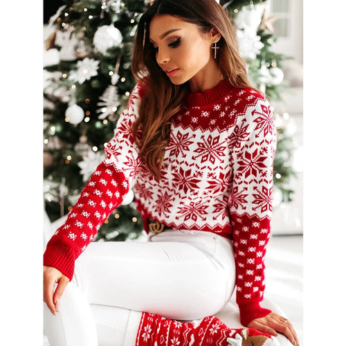 Women Sweater Christmas Snowflake Knitted Long Sleeve