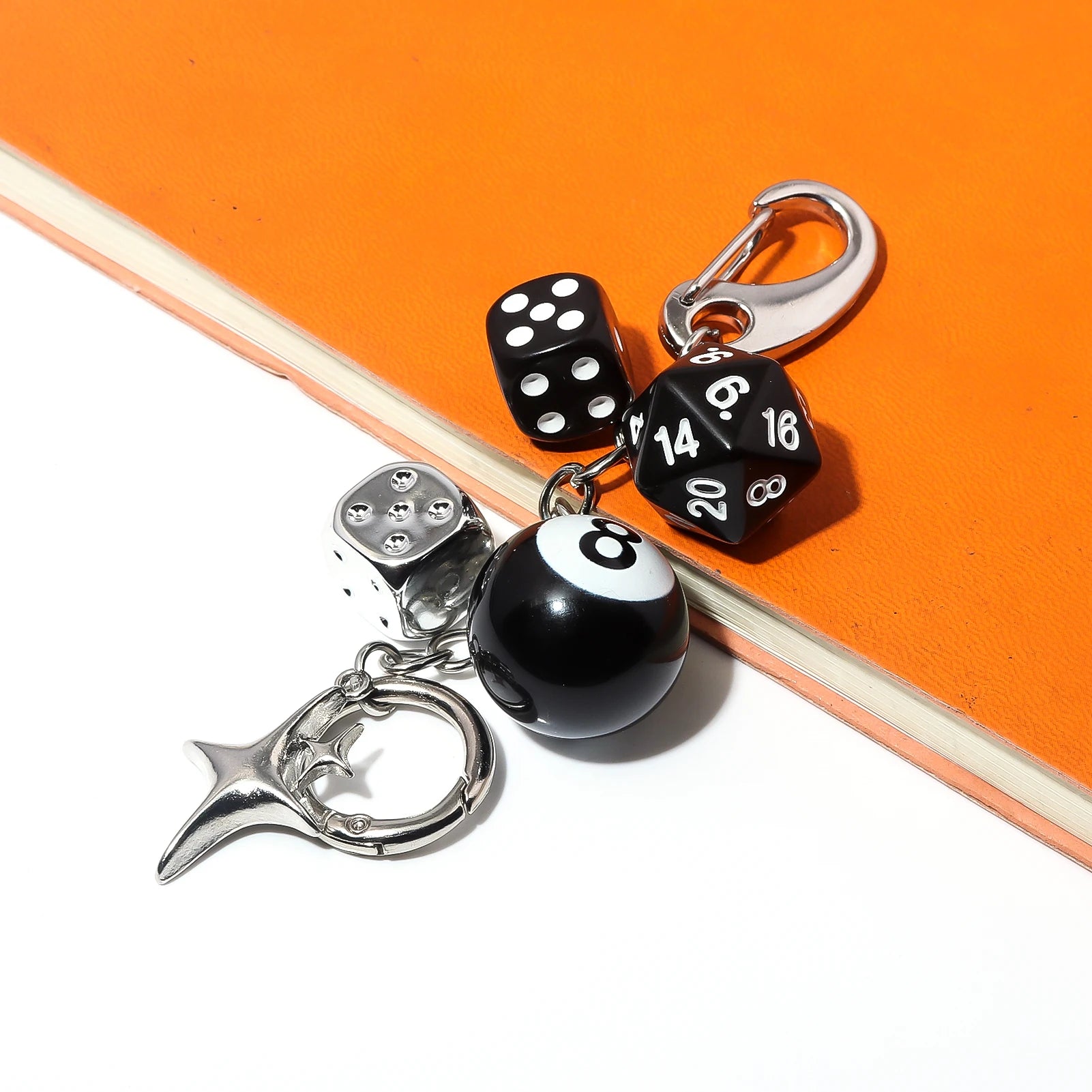 Hiphop Black Dice Billiards Keychain Y2K Lucky Dice Starburst Pendant