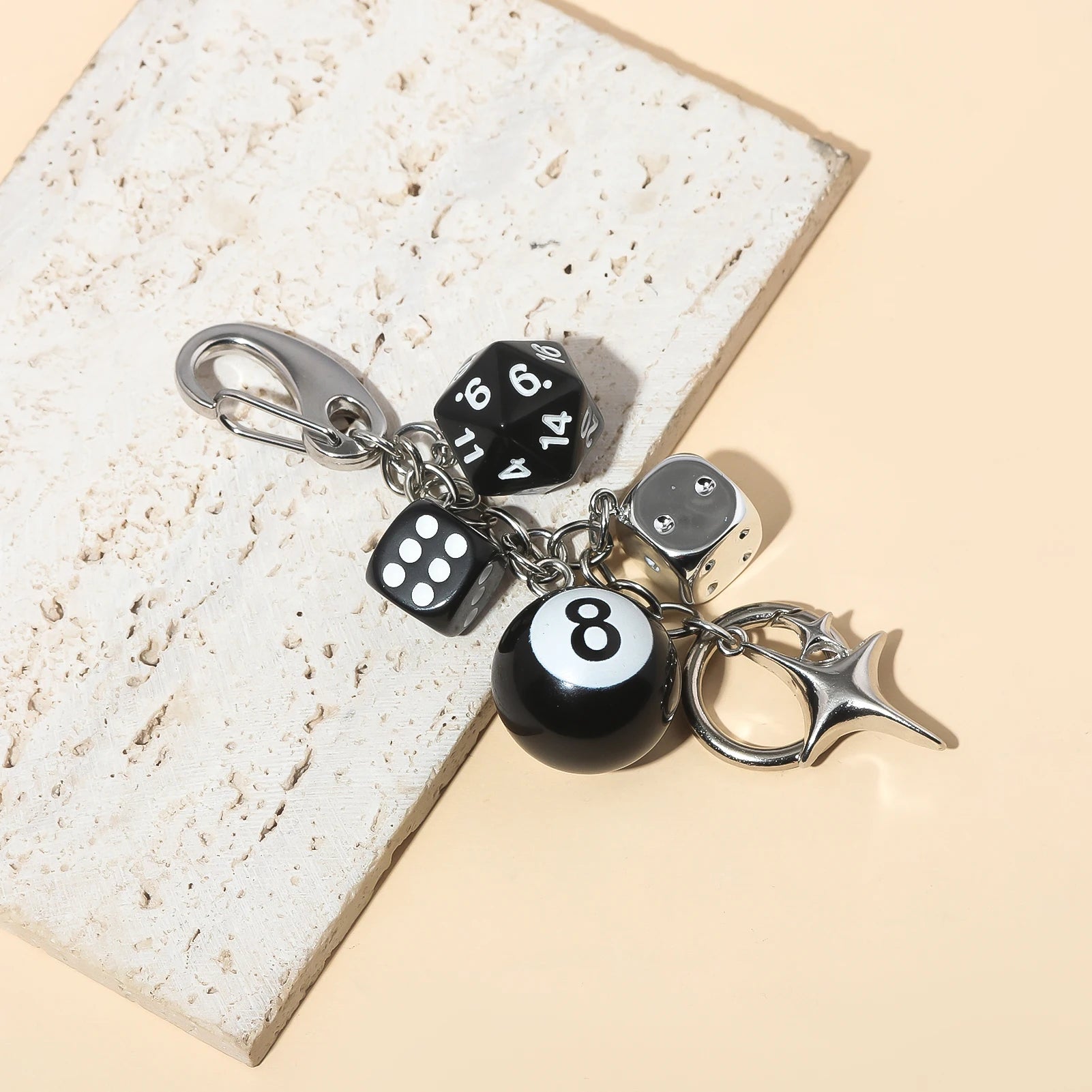 Hiphop Black Dice Billiards Keychain Y2K Lucky Dice Starburst Pendant