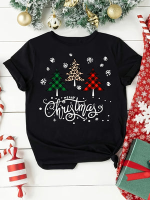 Women's Christmas Tree Print T-shirt Short Sleeve Round Neck Top for
