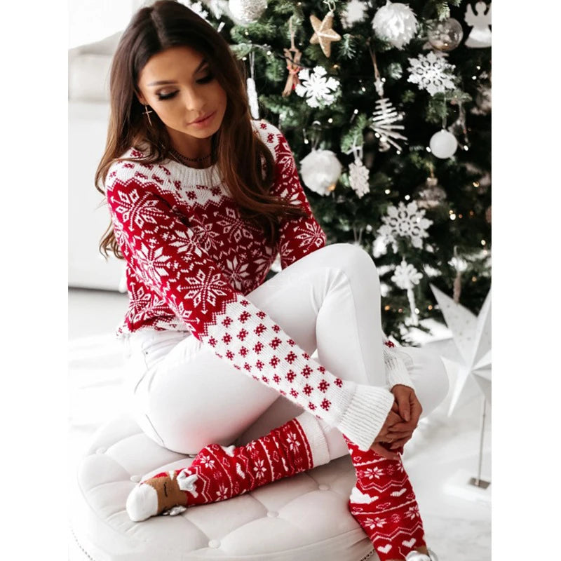 Women Sweater Christmas Snowflake Knitted Long Sleeve