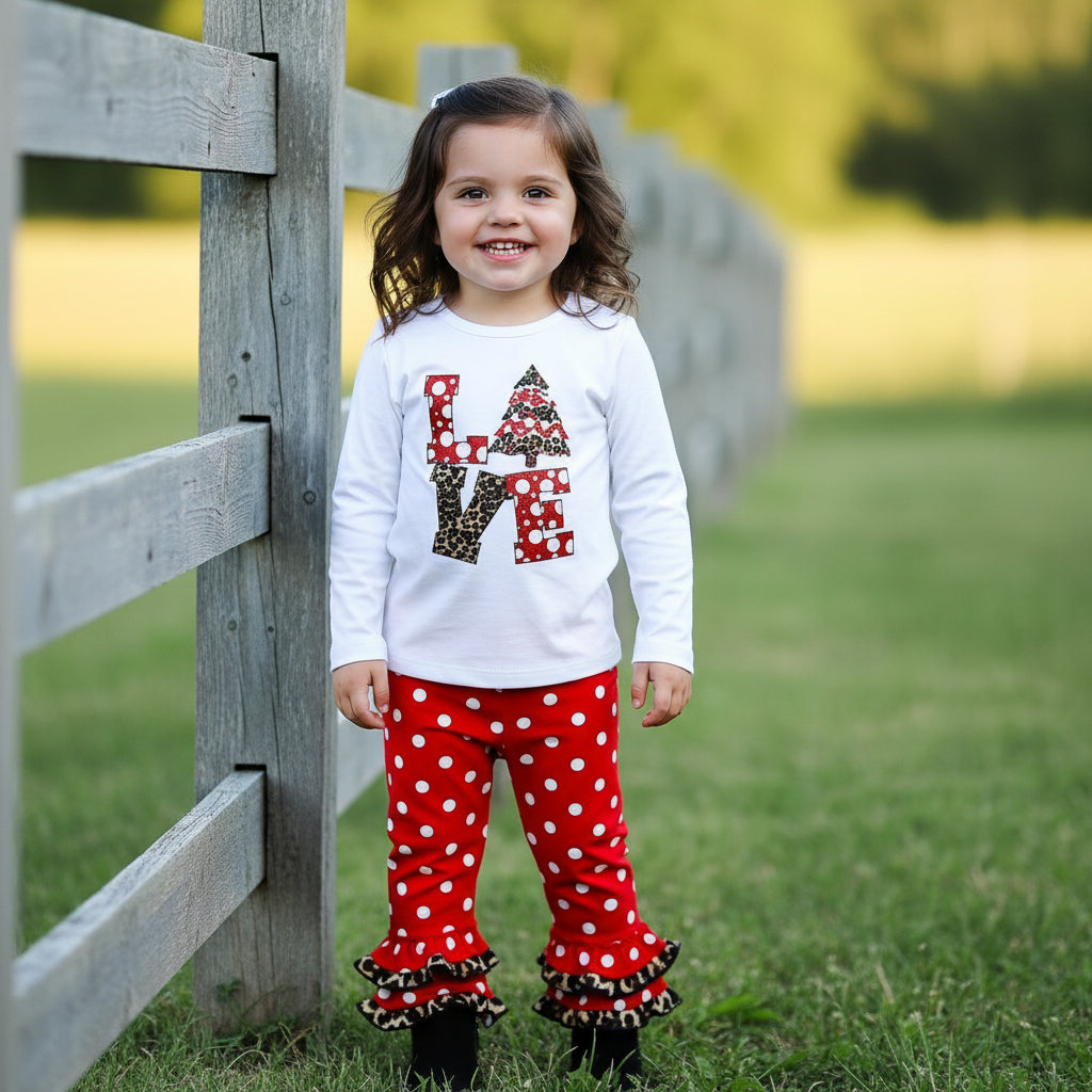 Girls LOVE Christmas Top & Red Polka Dot Ruffle Pants Set