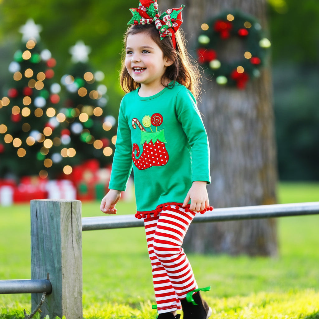 Girls Christmas Holiday Elf Stocking Top & Stripe Pants Outfit Set