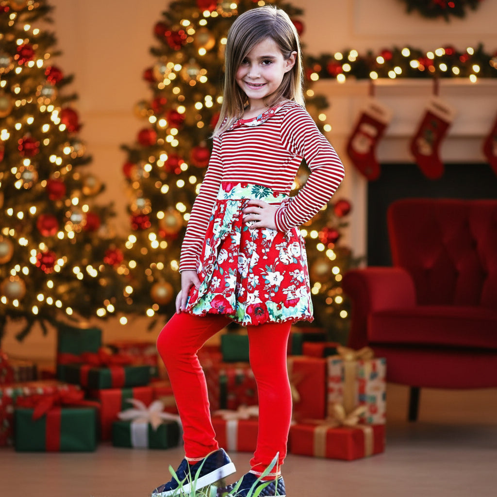 AnnLorenGirls Boutique Red Christmas Floral Holiday Dress Legging Set