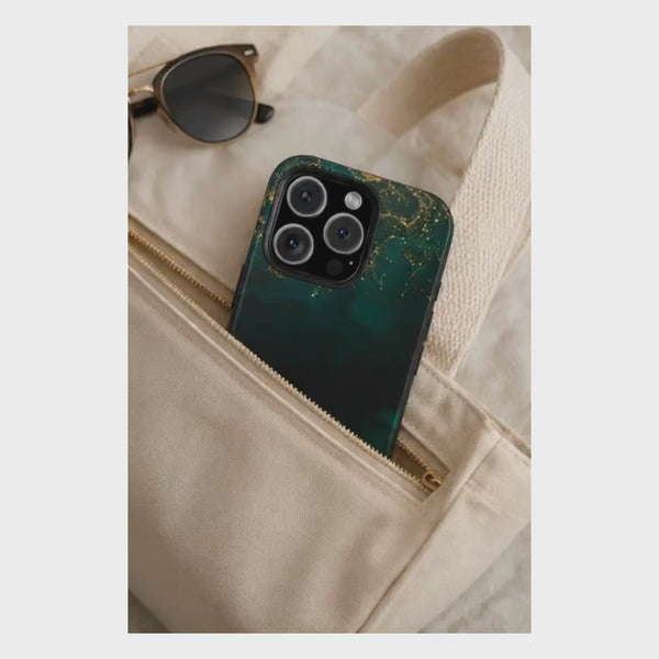 Emerald Marble Tough Phone Case — Dark Green & Gold Abstract Drop-Proof Cover