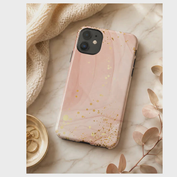 Rose Gold Marble Tough Case – Pink Marble Phone Case with Gold Glitter Accents